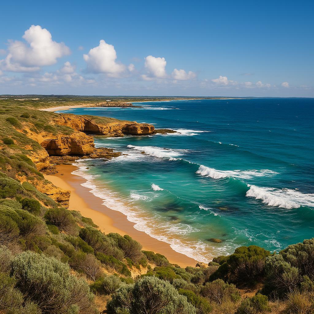 Coastal view of Warrnambool with waves crashing on rocks