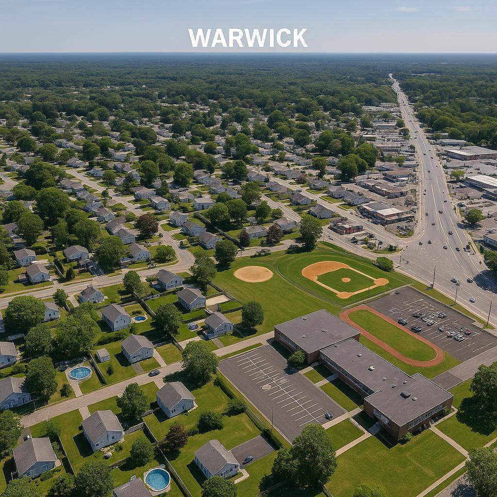 Aerial view of Warwick, highlighting amenities and suburban layout