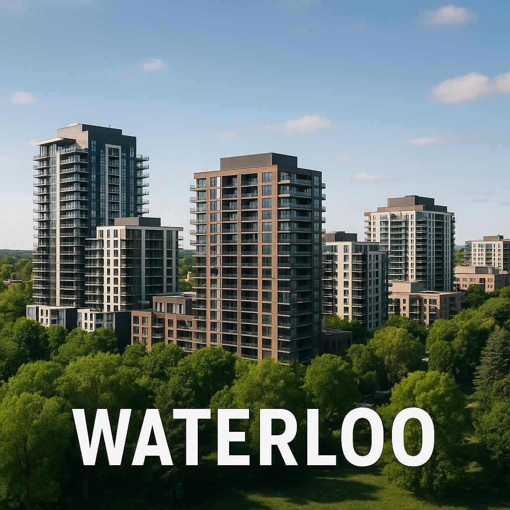 Skyline of Waterloo showcasing modern apartments amidst greenery