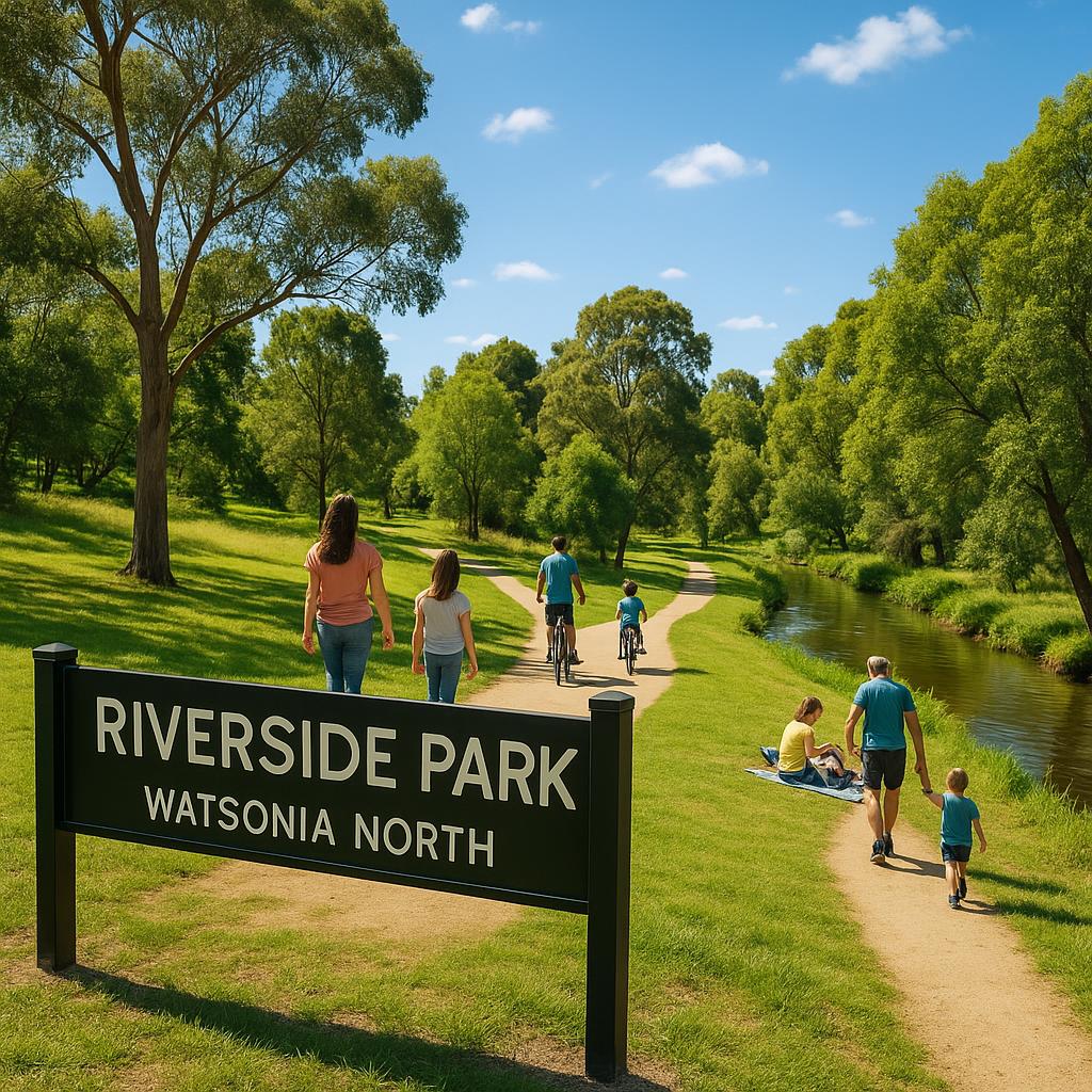 Sunny Riverside Park in Watsonia North with children on the trails