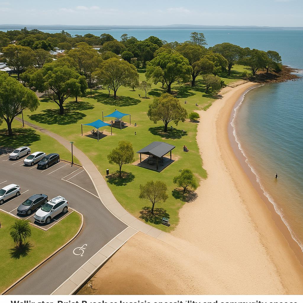Overview of Wellington Point Beach with community areas