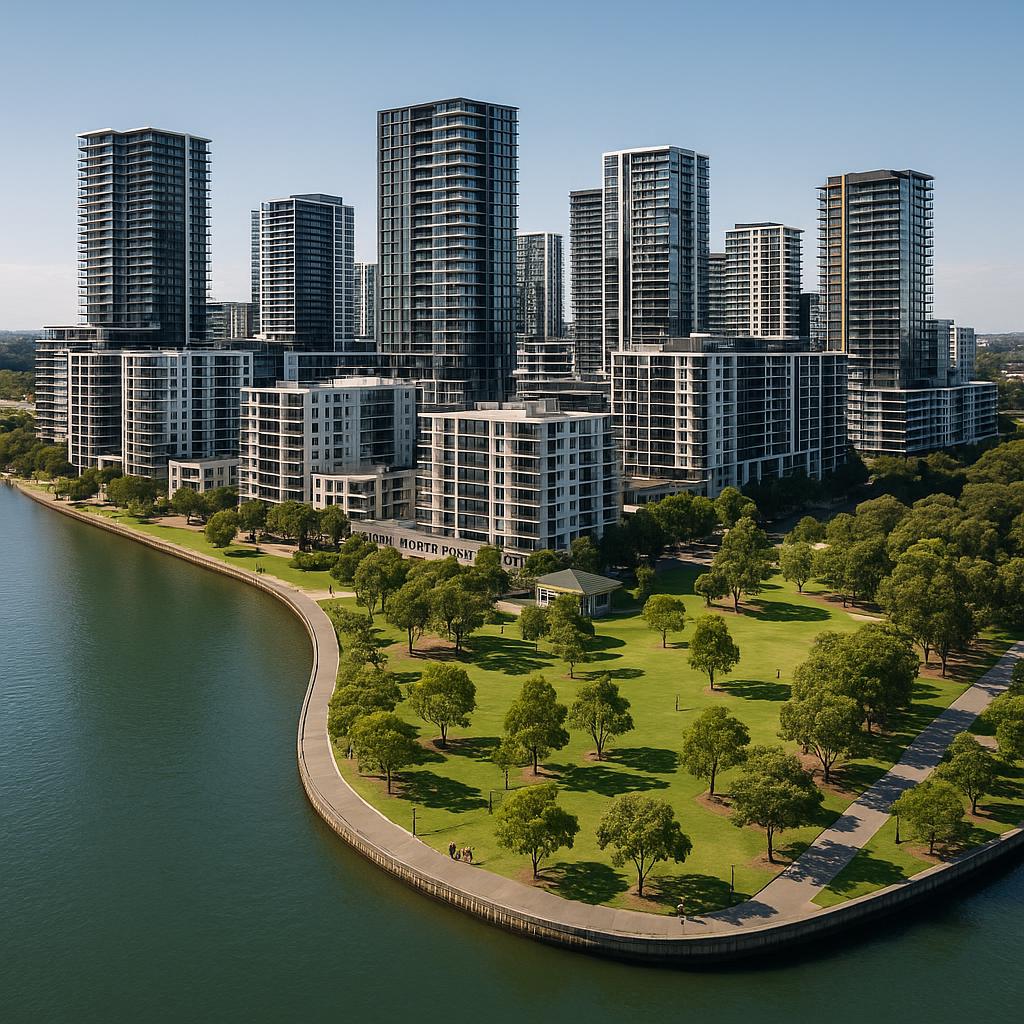 Aerial view of Wentworth Point waterfront with high-rise apartments