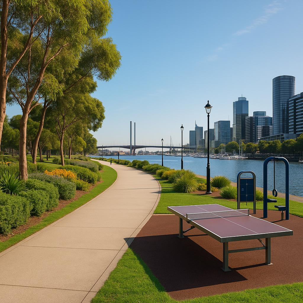 Waterfront walk in West Melbourne with greenery and recreation areas.