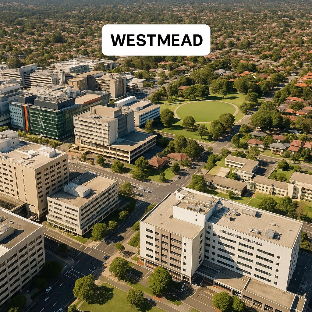 Aerial view of Westmead with health facilities and parks