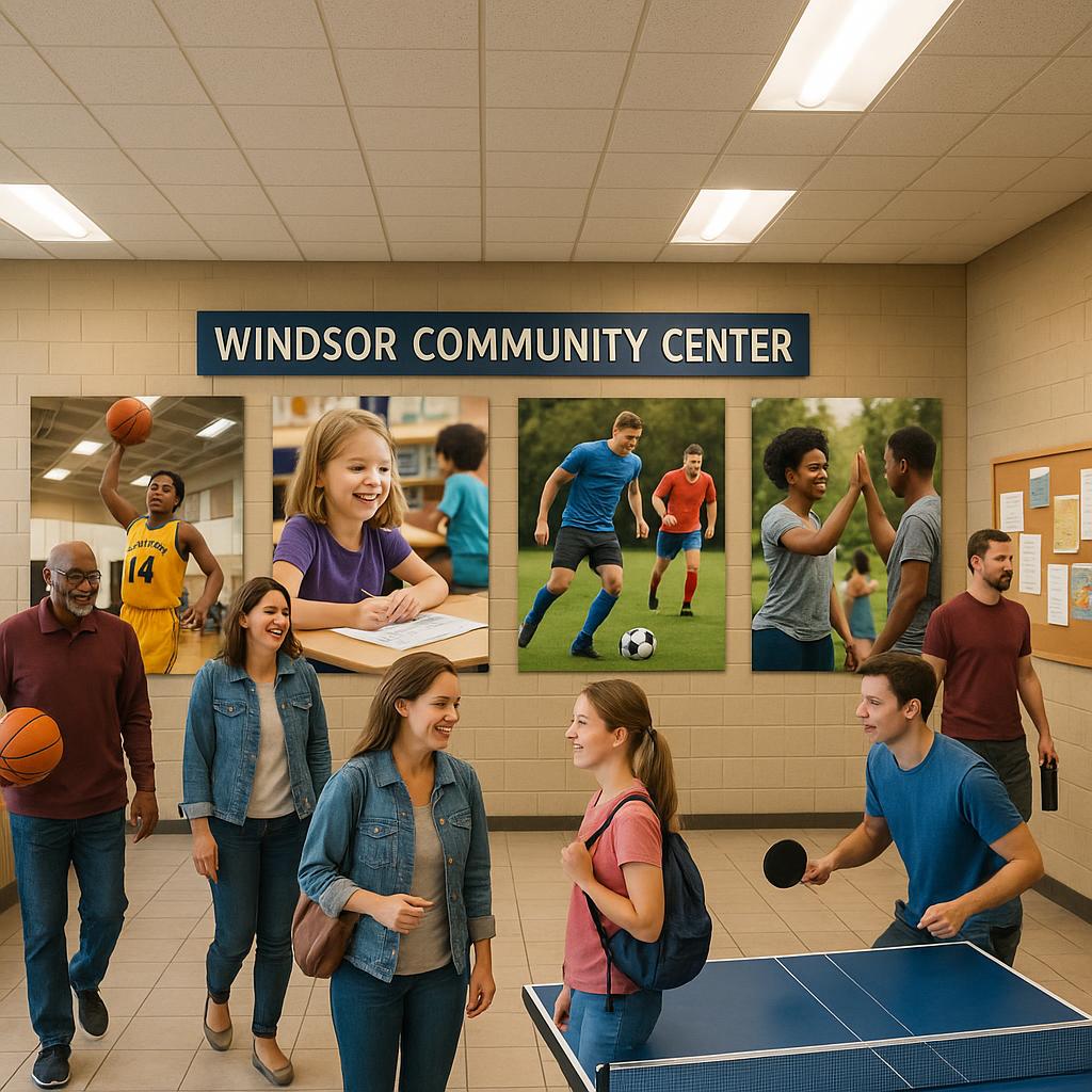 A vibrant community center in Windsor with seniors engaging in sports
