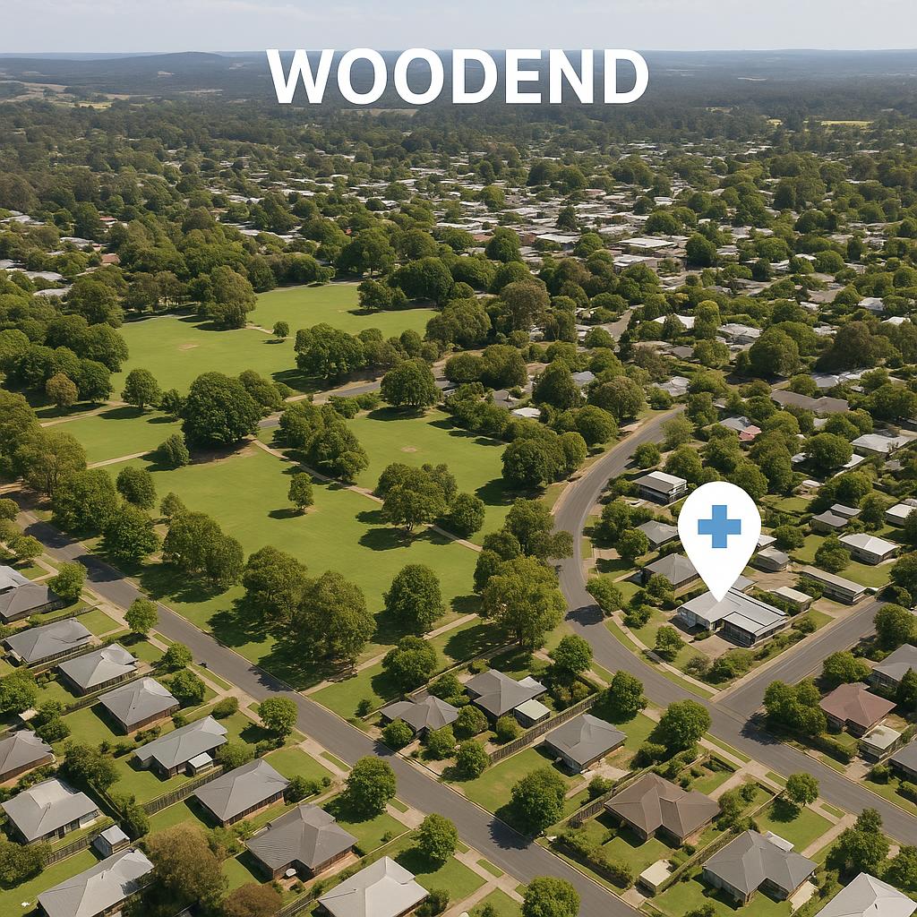Aerial view of Woodend suburb with parks and medical facilities