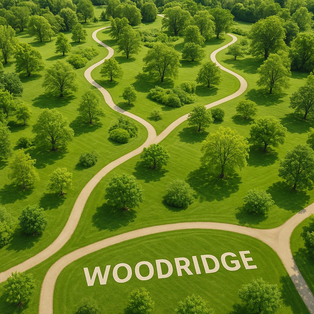 Aerial view of Woodridge park with walking trails