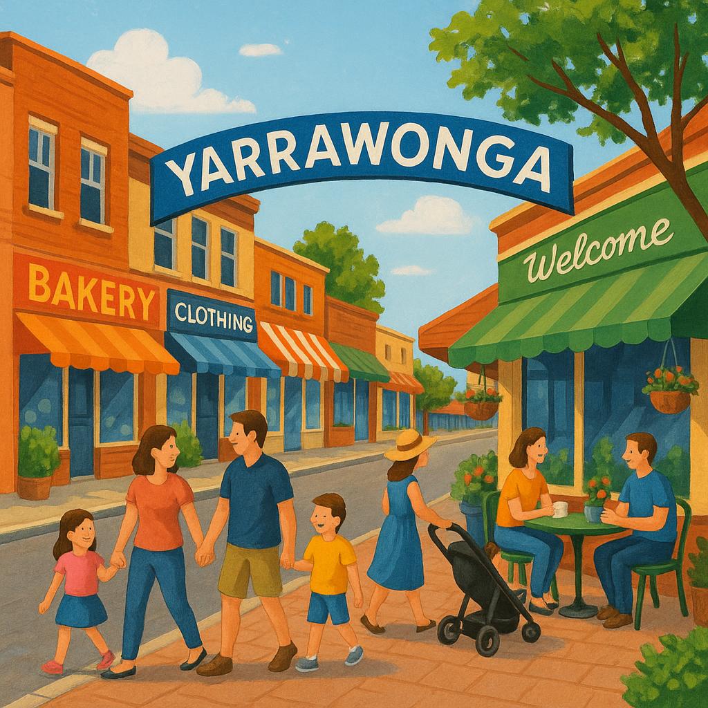 Streetscape in Yarrawonga with families and shops