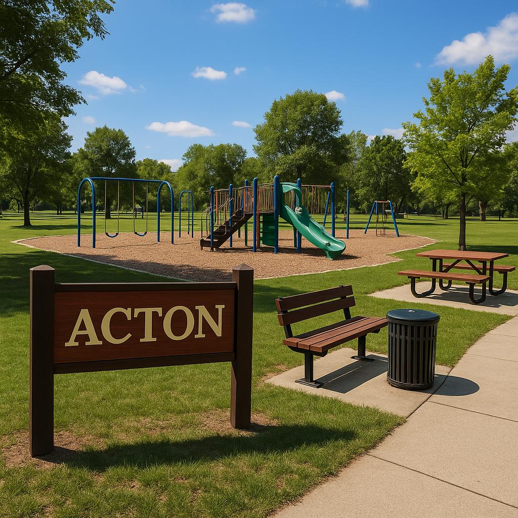 Community park in Acton with families enjoying recreational activities