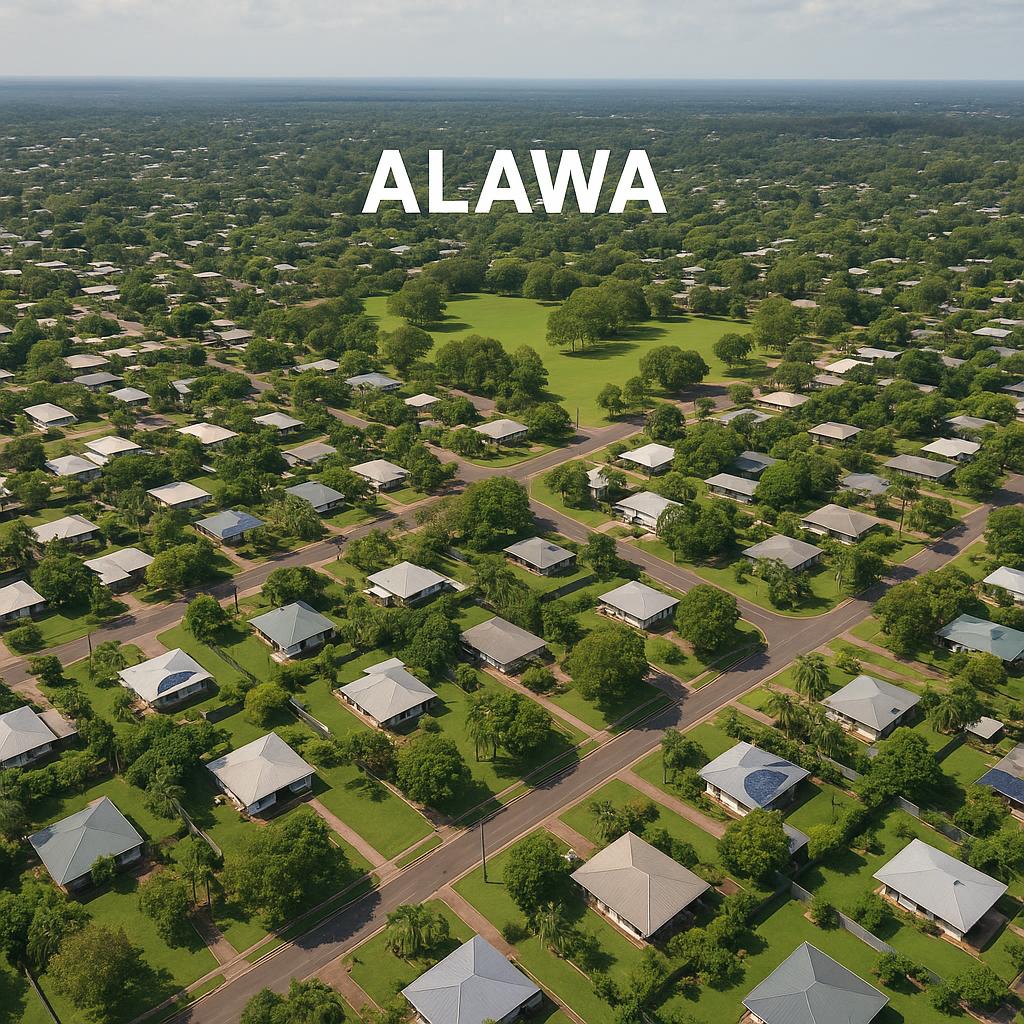 Aerial view of Alawa suburb with homes and parks