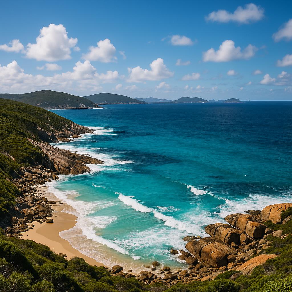 A panoramic view of Albany's coastline with blue waters
