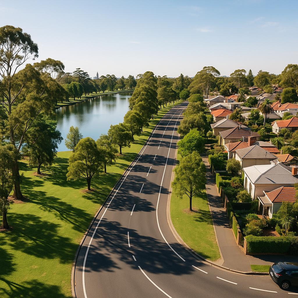 Scenic view of Albert Park with houses alongside green spaces