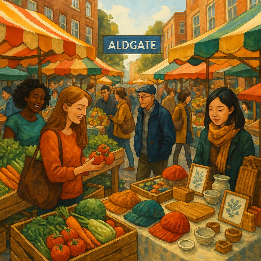 Weekend market in Aldgate filled with stalls and vibrant activity