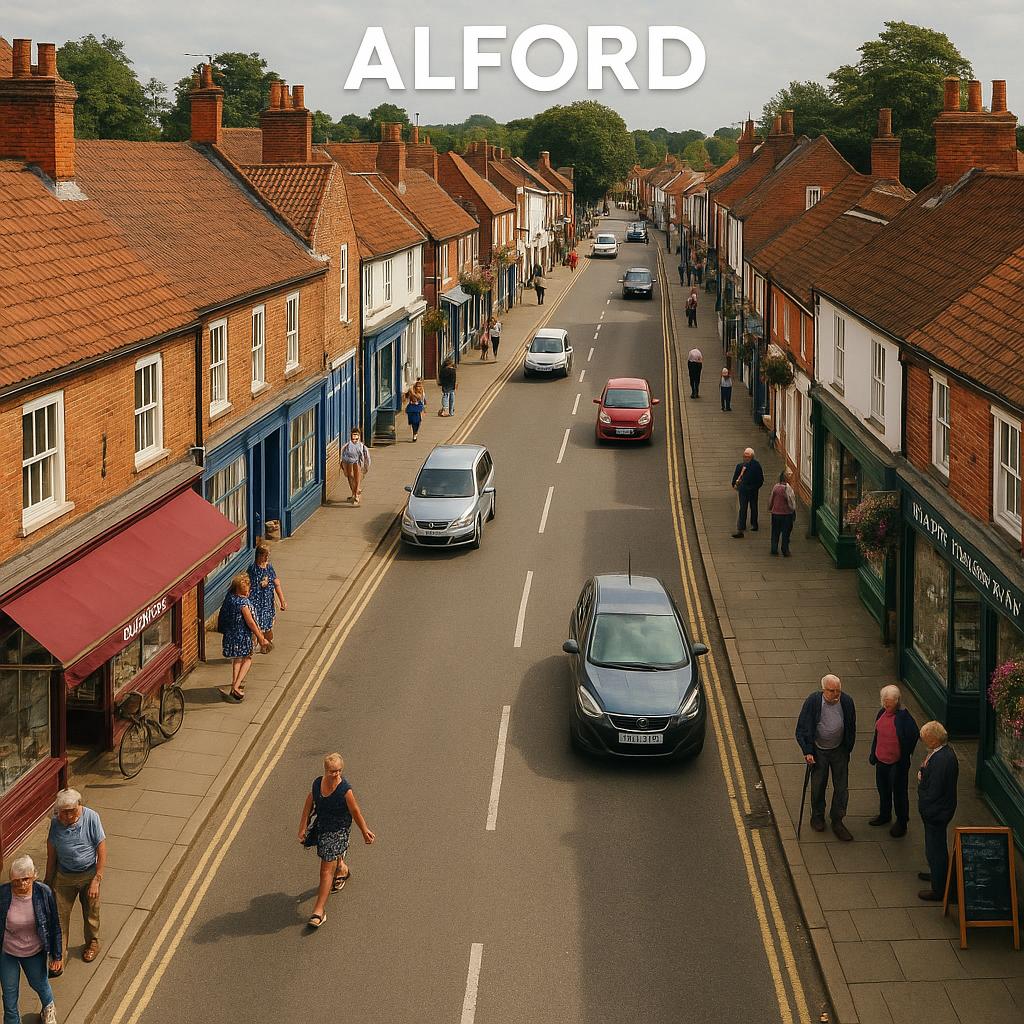 Aerial view of Alford main street with shops and cafes.