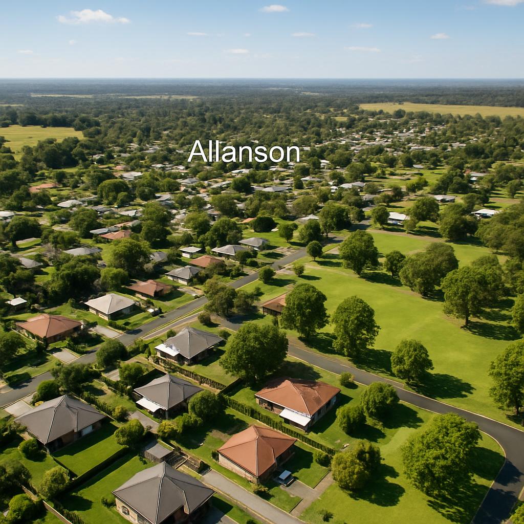 Aerial view of Allanson with homes and parks