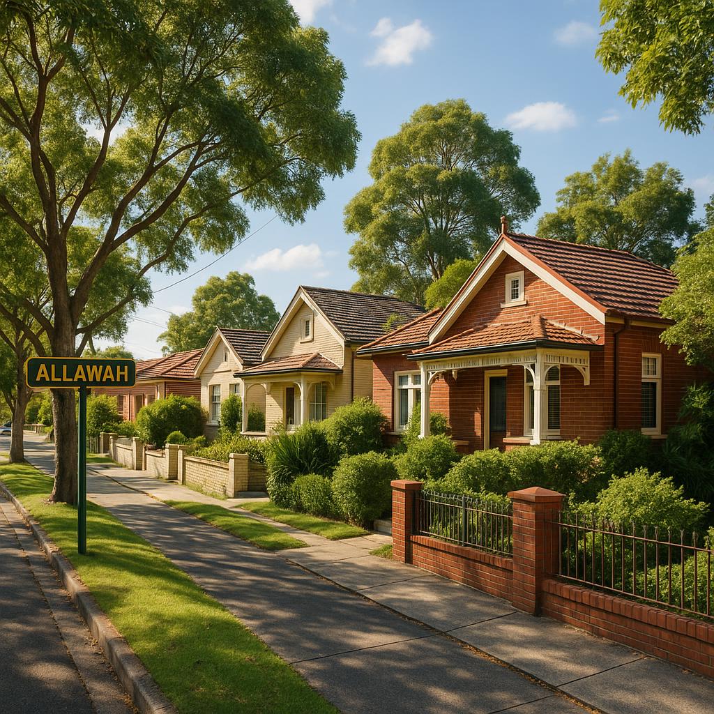 Suburban street view in Allawah, showcasing greenery and houses.