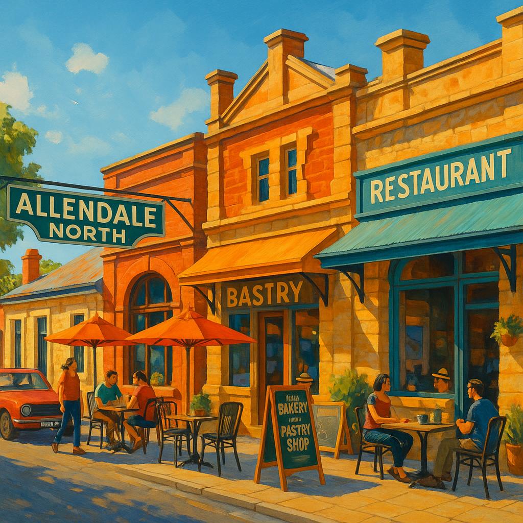 Street views of Allendale North with bustling cafes and dining