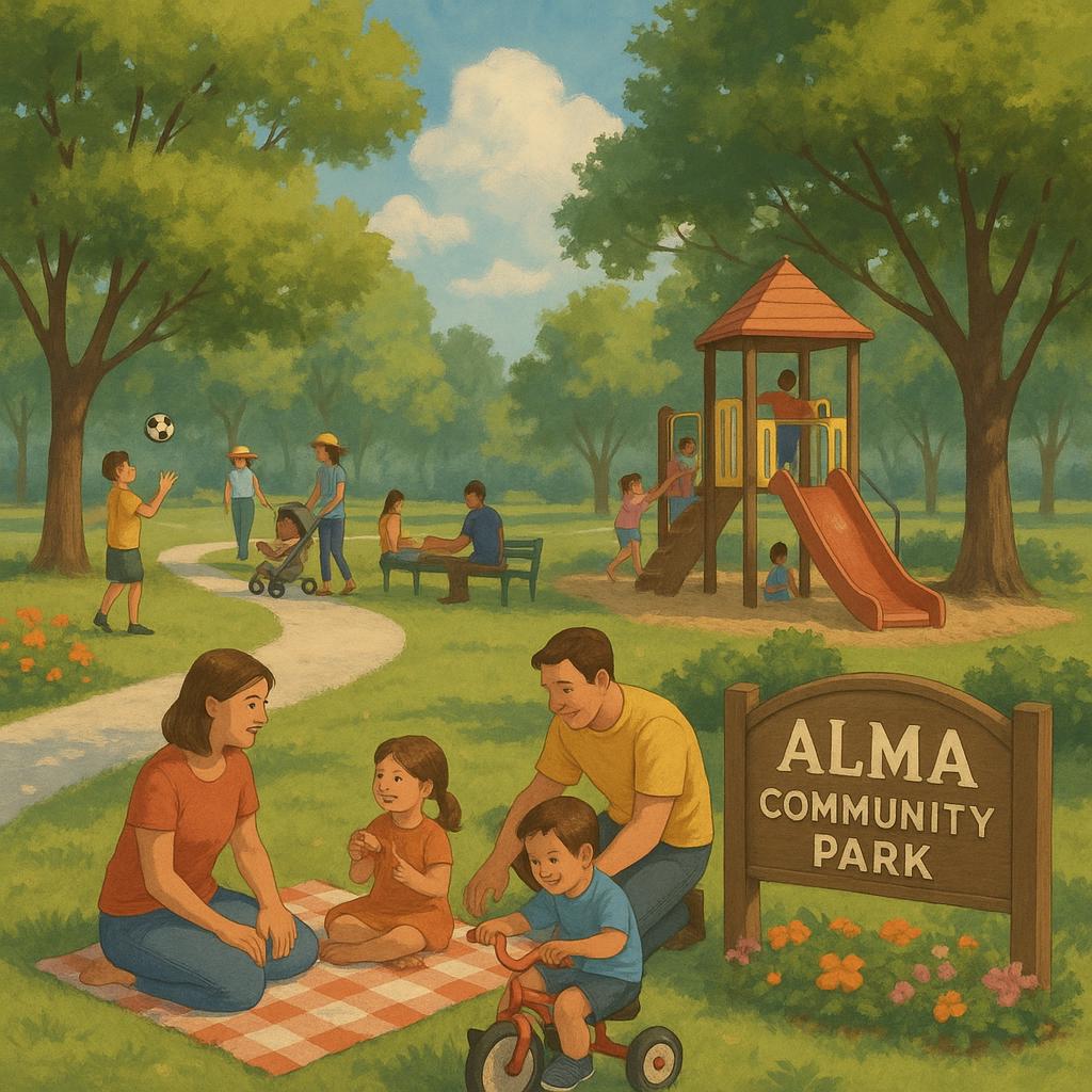 Community park in Alma with families enjoying outdoor activities