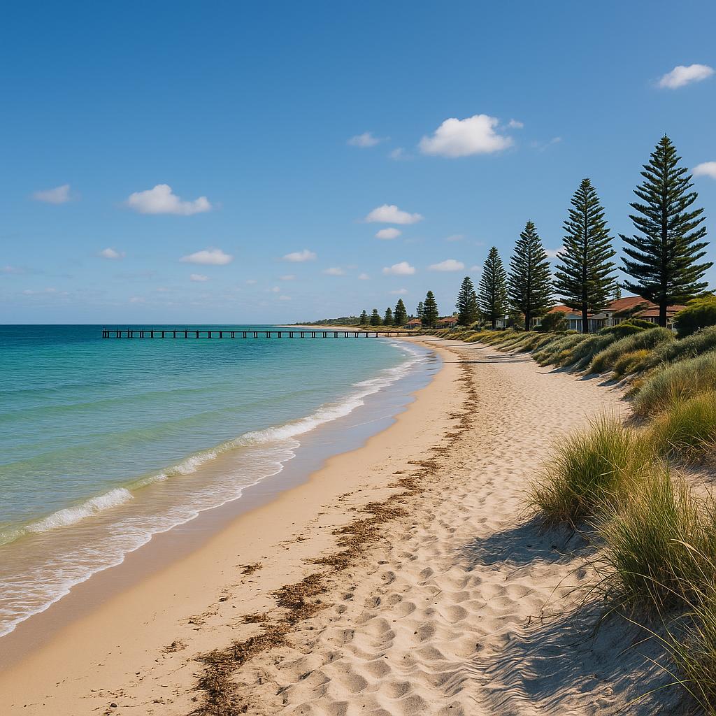 A picturesque view of Altona beach showing clear waters and sandy shores