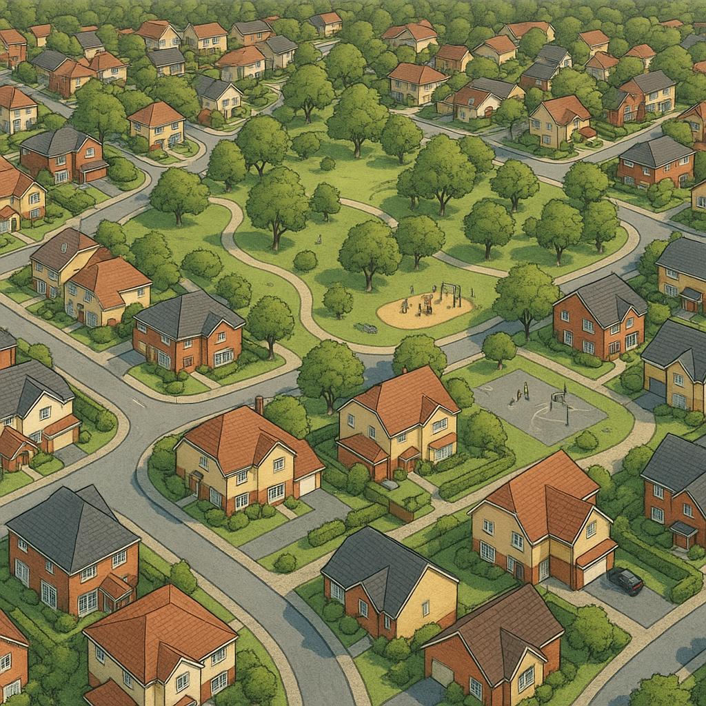 Overview of Ambania featuring homes and green spaces