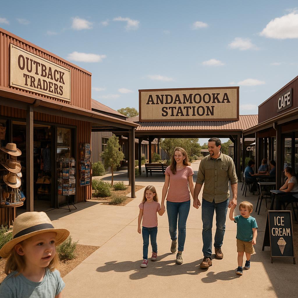 A bustling retail area in Andamooka Station, vibrant and family-focused.