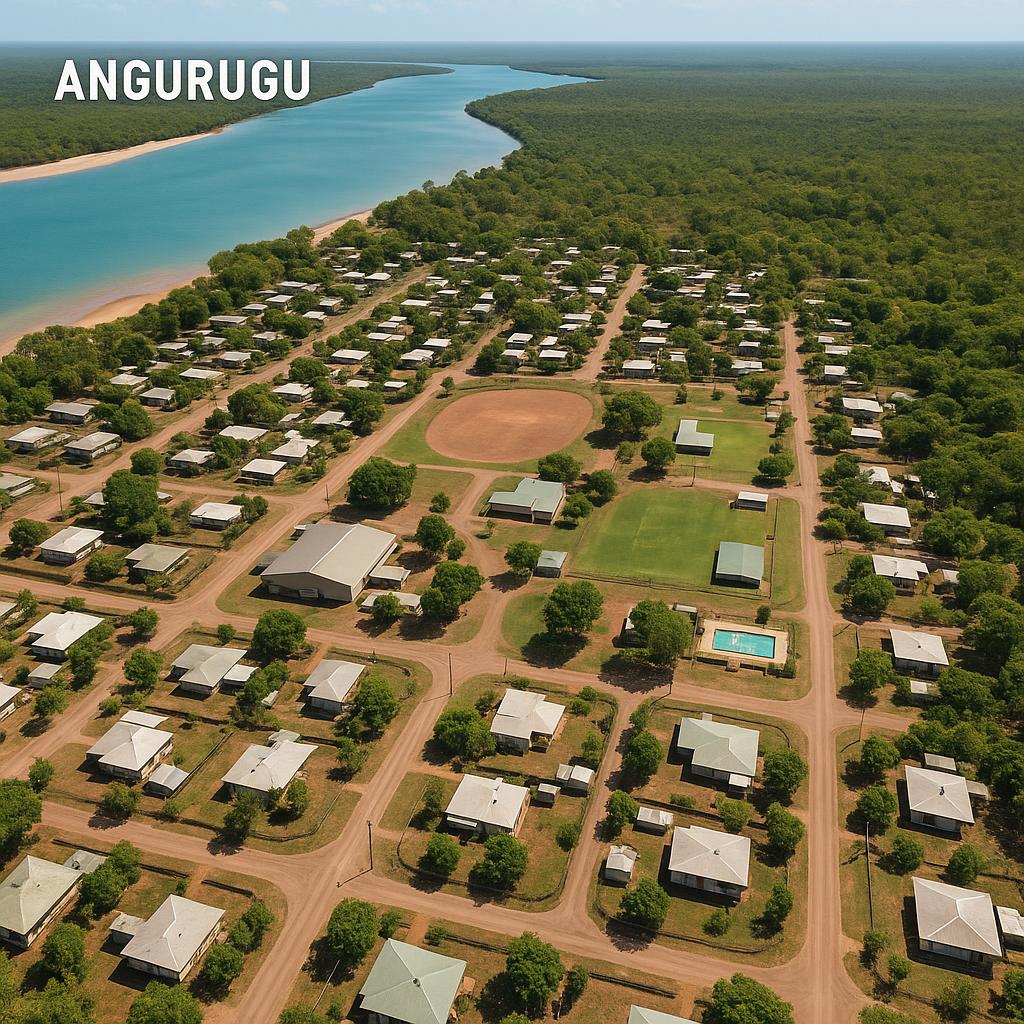 Aerial view of Angurugu suburb showing rich landscape
