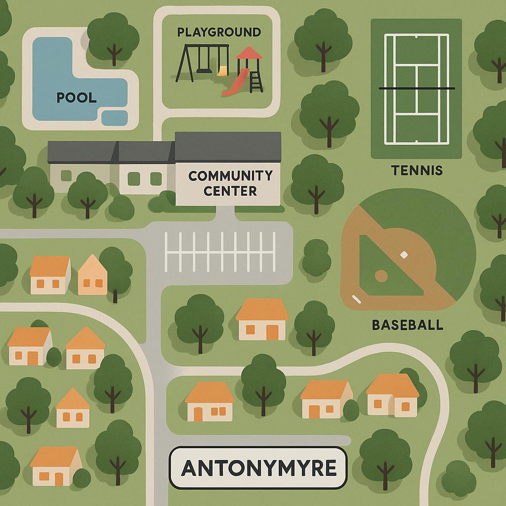 Aerial view of Antonymyre, WA, showcasing parks and infrastructure