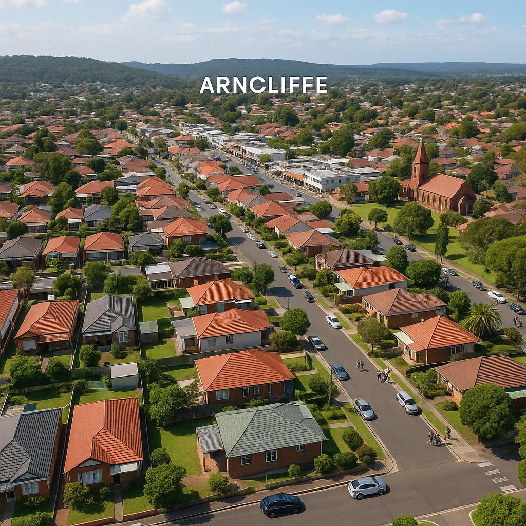 A picturesque view of Arncliffe with homes and parks.