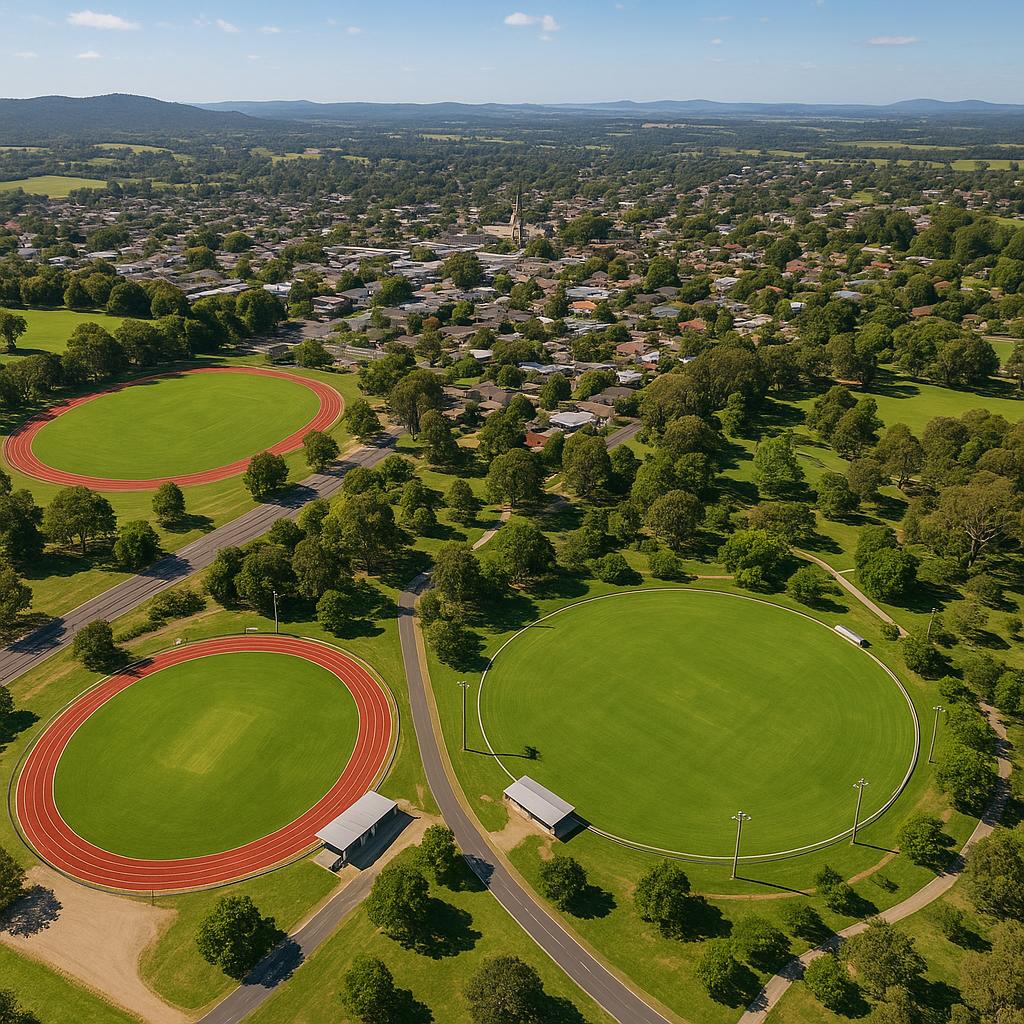 Aerial view of Ashbourne with lush green parks and sports facilities.