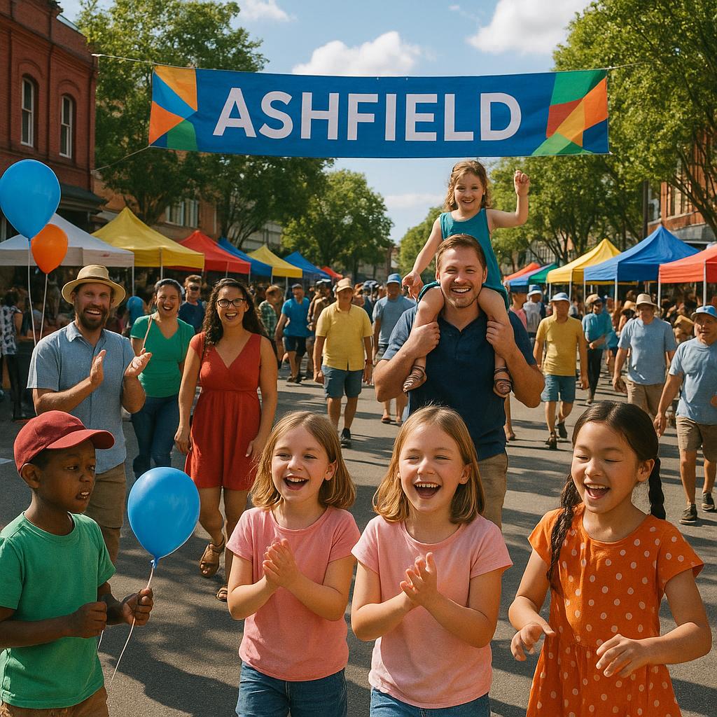 Community event in Ashfield with families and stalls.