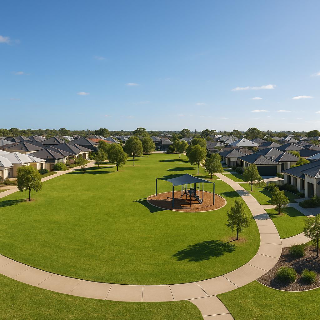 A peaceful street in Aubin Grove with parks and homes