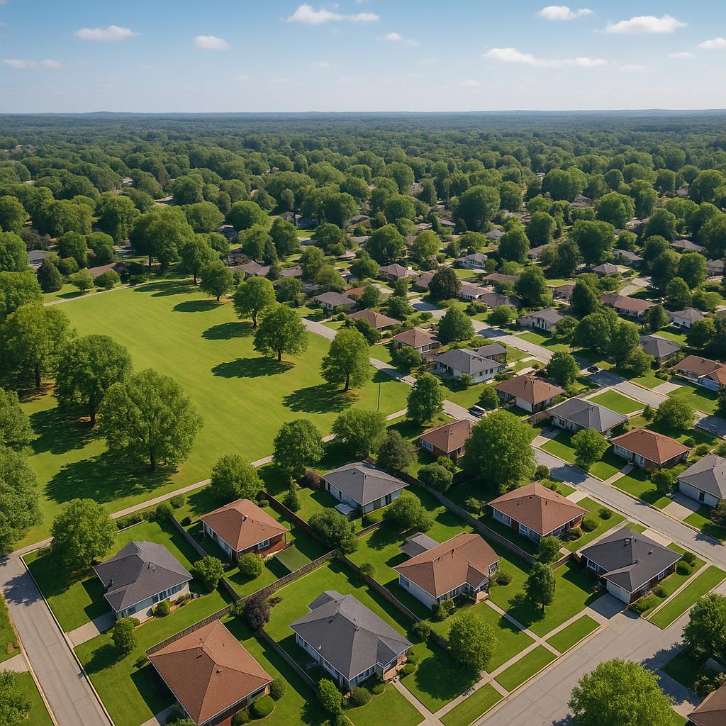 Aerial view of Auburn suburb highlighting parks and homes