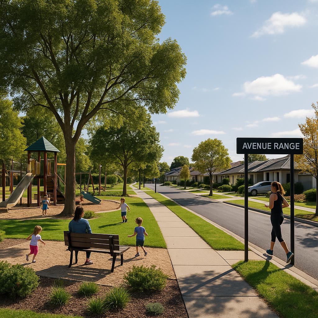 Suburban street in Avenue Range showing parks and playgrounds