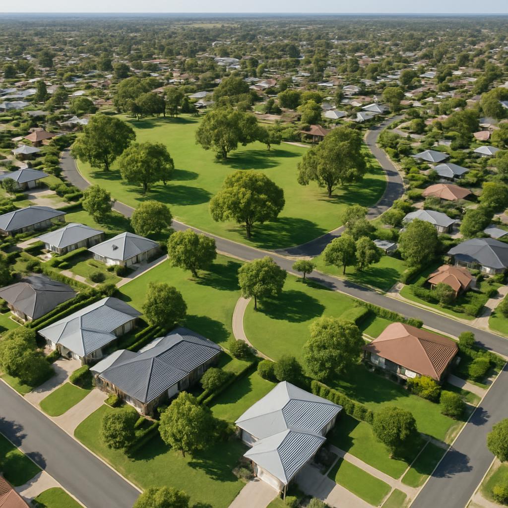 Aerial view of Baandee displaying residential area and parks.