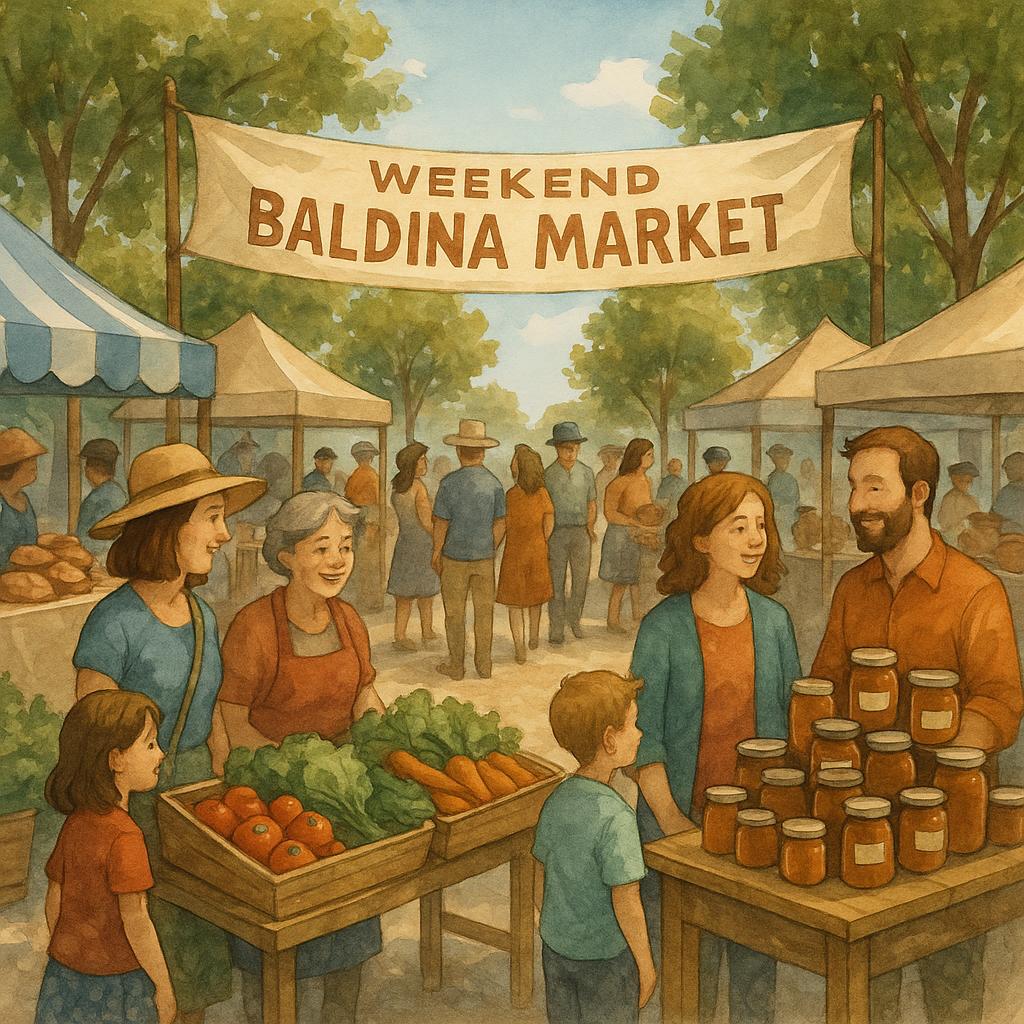 A vibrant weekend market in Baldina with community members interacting.