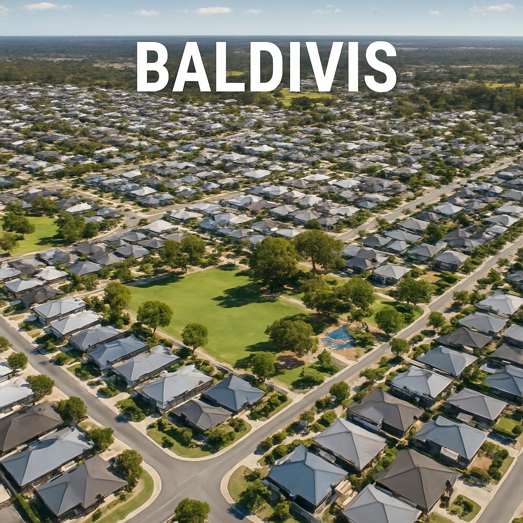 Aerial view of Baldivis with residential zones and green spaces.