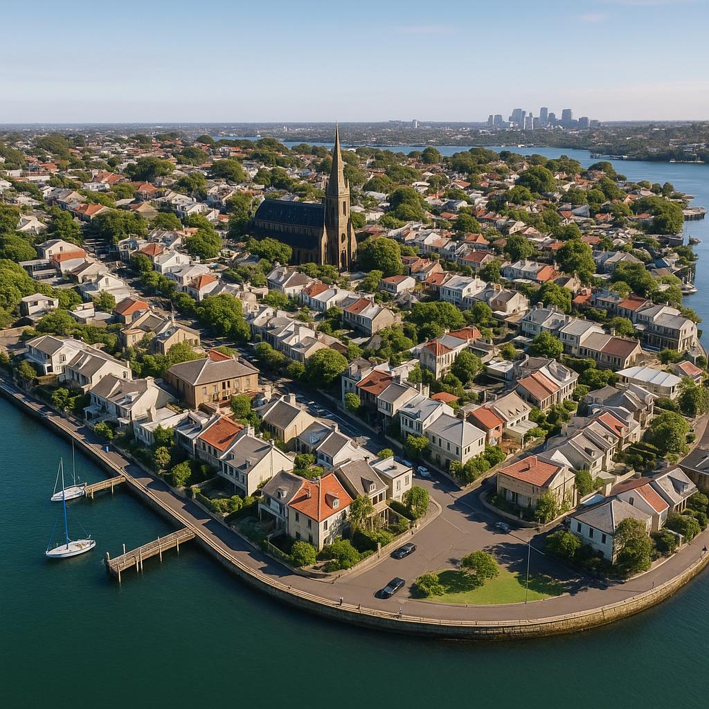 Aerial view of Balmain showcasing waterfront and historic buildings