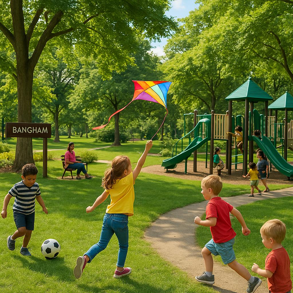 Family-friendly park in Bangham with children playing