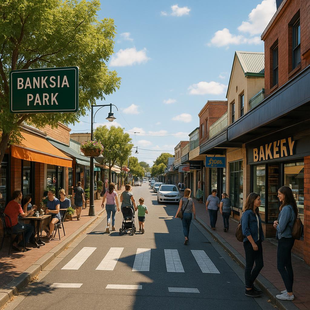 Main street in Banksia Park with vibrant shops.