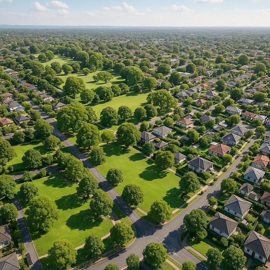 Aerial view of Barinia with parks and homes