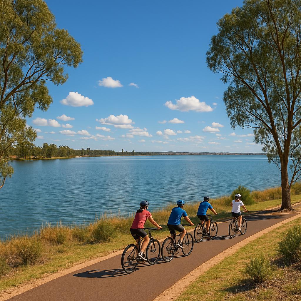 Cyclists enjoying the Barmera cycleway by the lake