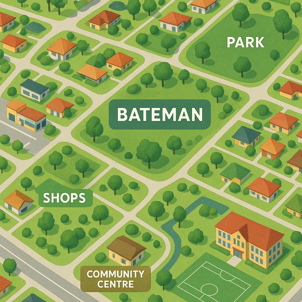 Aerial view of Bateman suburb highlighting homes and green spaces.