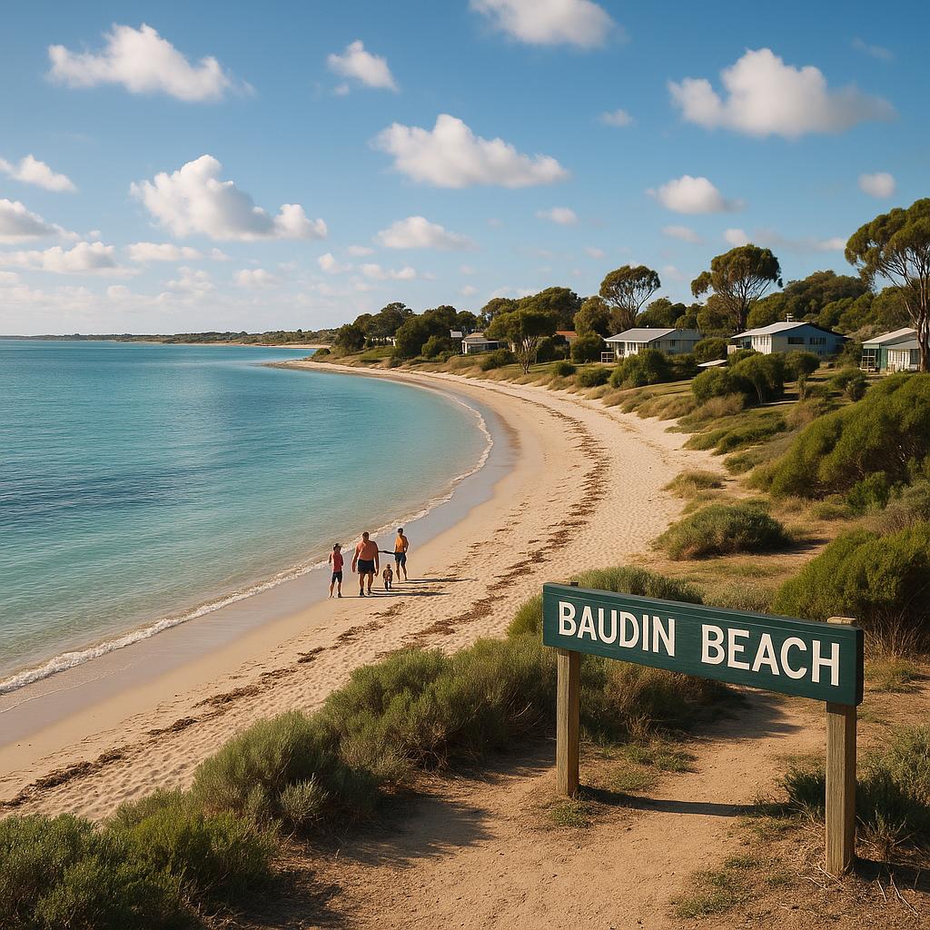 Scenic view of Baudin Beach with people enjoying the outdoors.