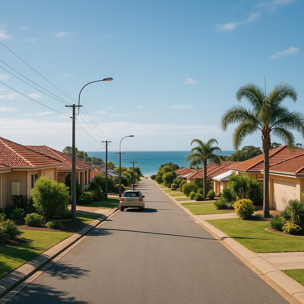 Coastal suburban streetscape in Beachlands, WA with tidy homes