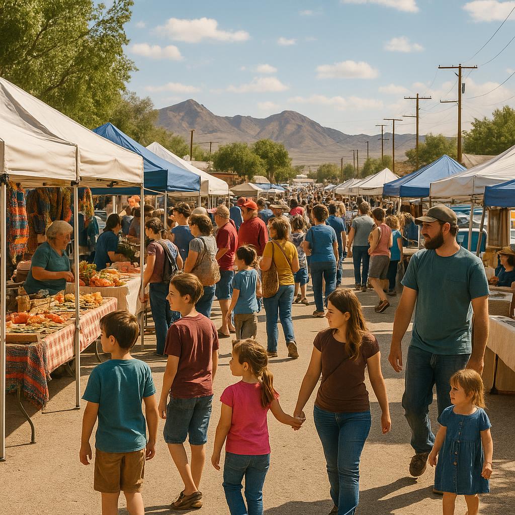 Weekend market in Beatty showing local produce and families