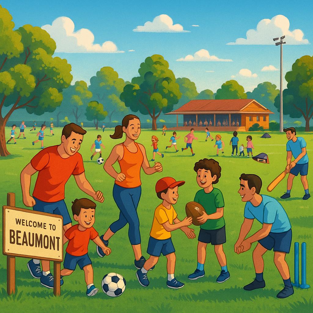 Community sports oval in Beaumont with families and athletes.