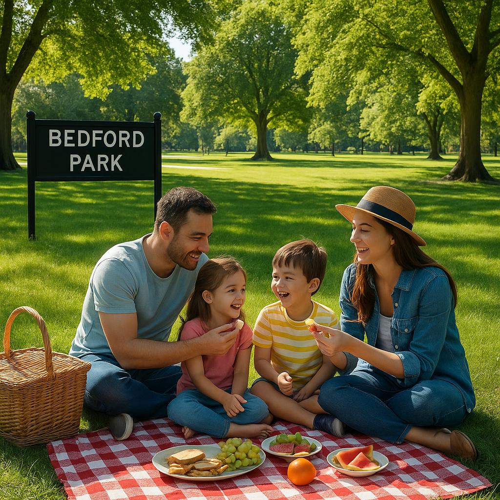 Family picnic in Bedford Park's lush green area