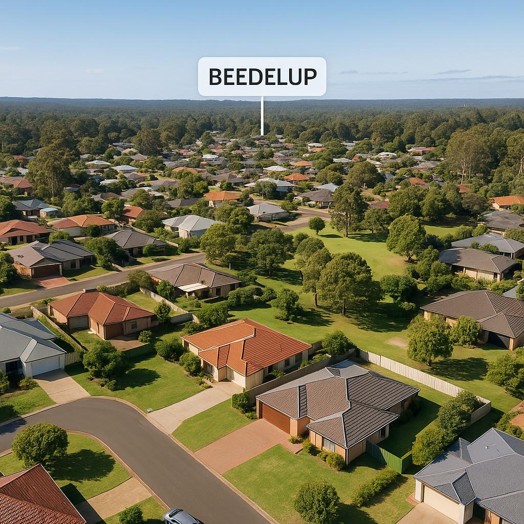 Residential area in Beedelup with homes and tree-lined streets.