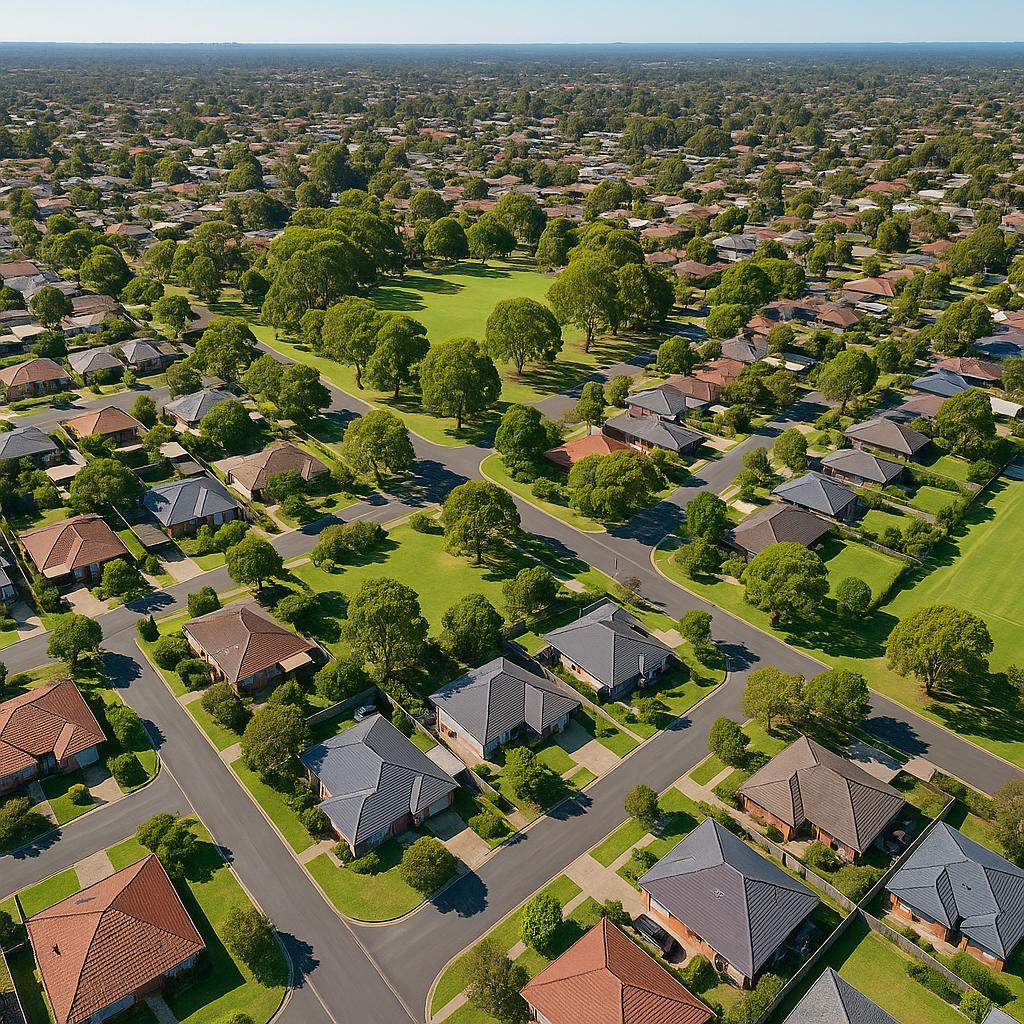 Aerial view of Beela with parks and homes