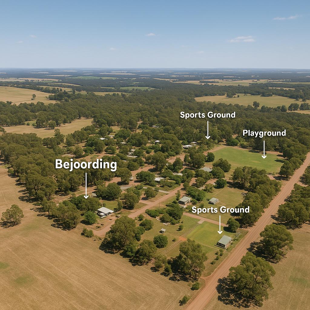 Aerial view of Bejoording suburb with greenery and homes.
